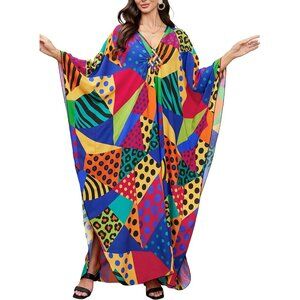 Women Colourful Polka Vneck Batwing Sleeve Flowy Split Hem Bohemian Kaftan Dress